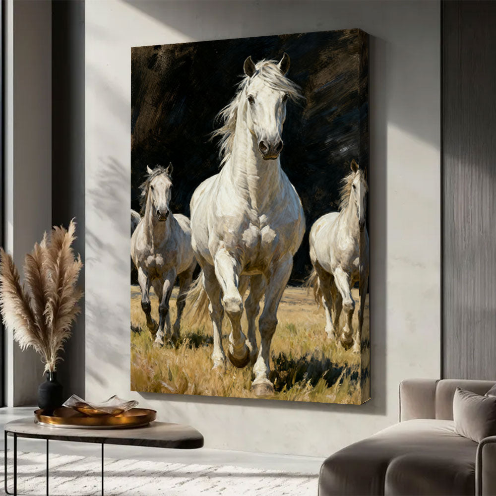 White Horses at Daybreak horse wall art, displayed in a neutral living space.
