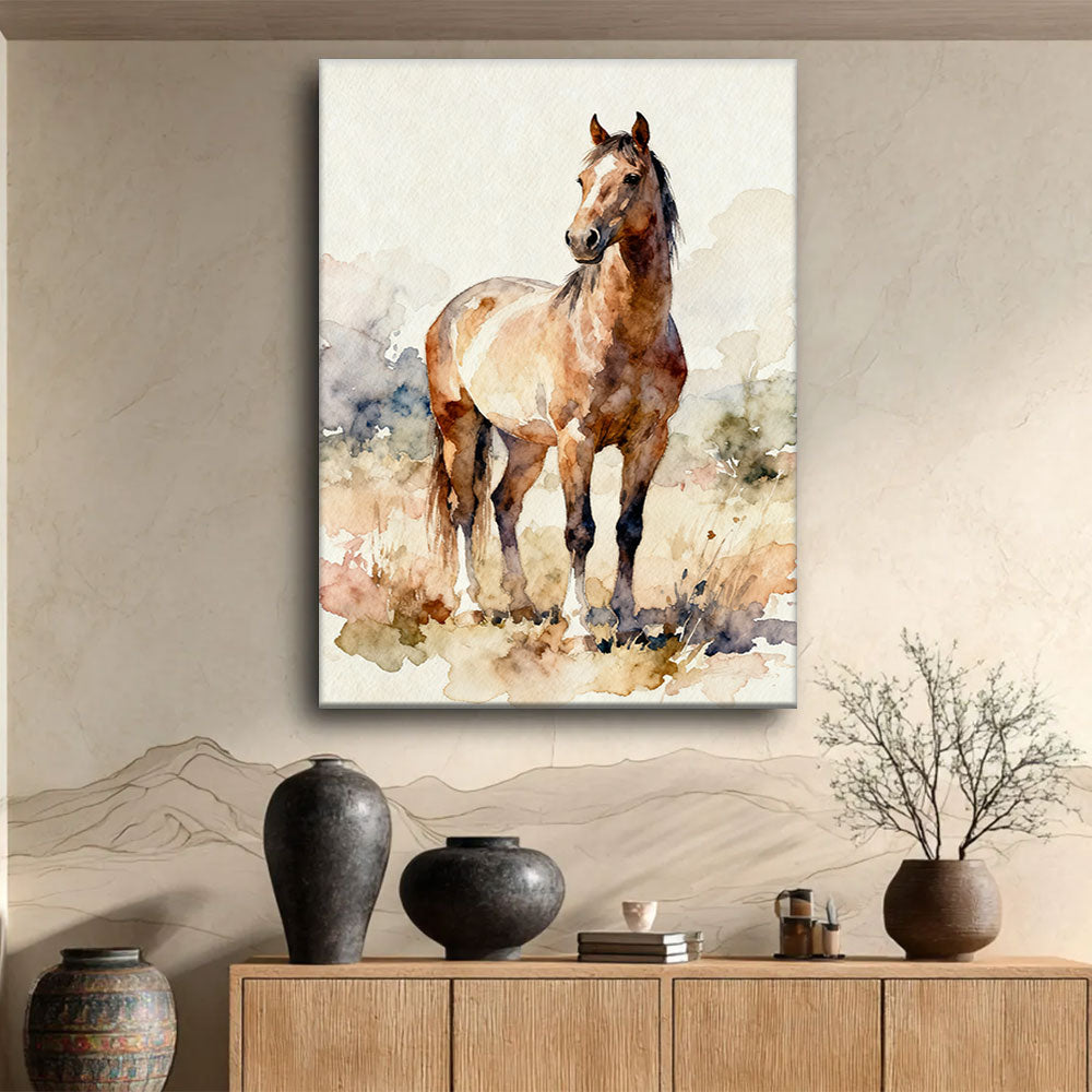 Meadow Companion horse wall art, displayed above a wooden console.