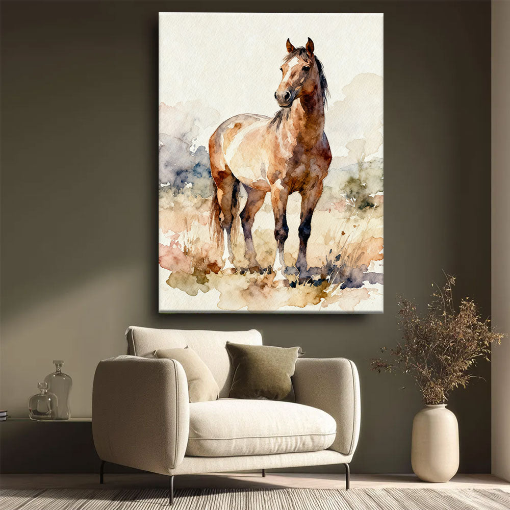 Meadow Companion horse wall art, styled beside a neutral armchair.