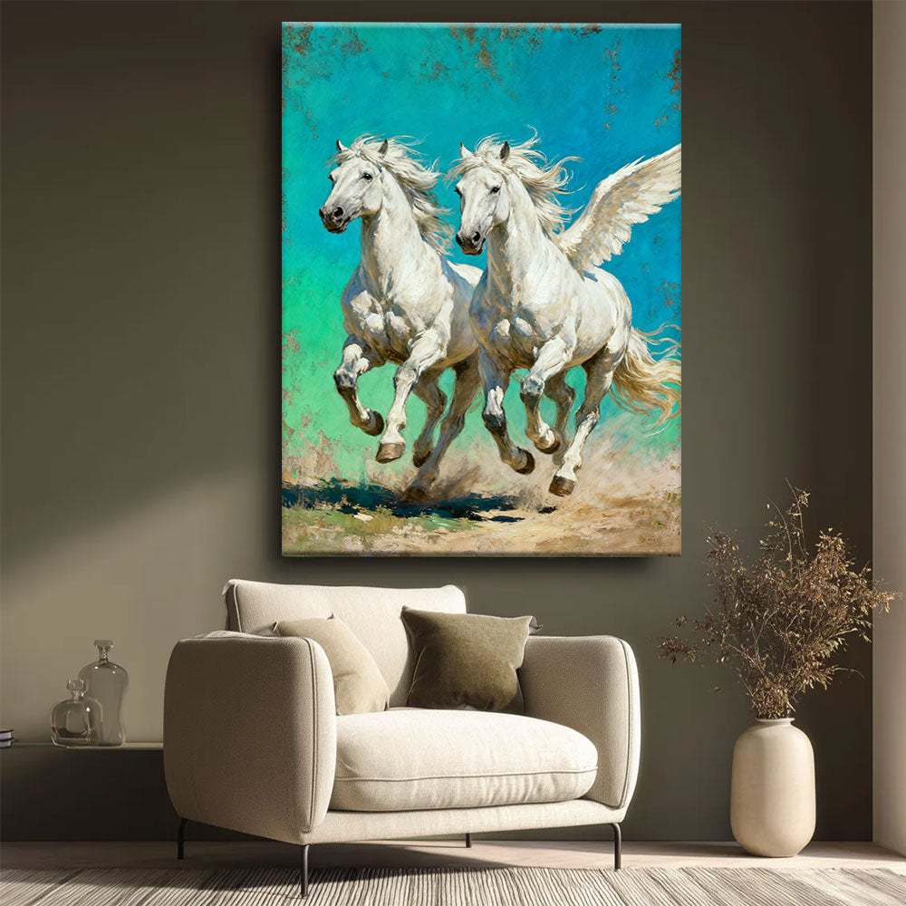 Turquoise Pegasus Pair horse wall art, styled beside a neutral armchair.
