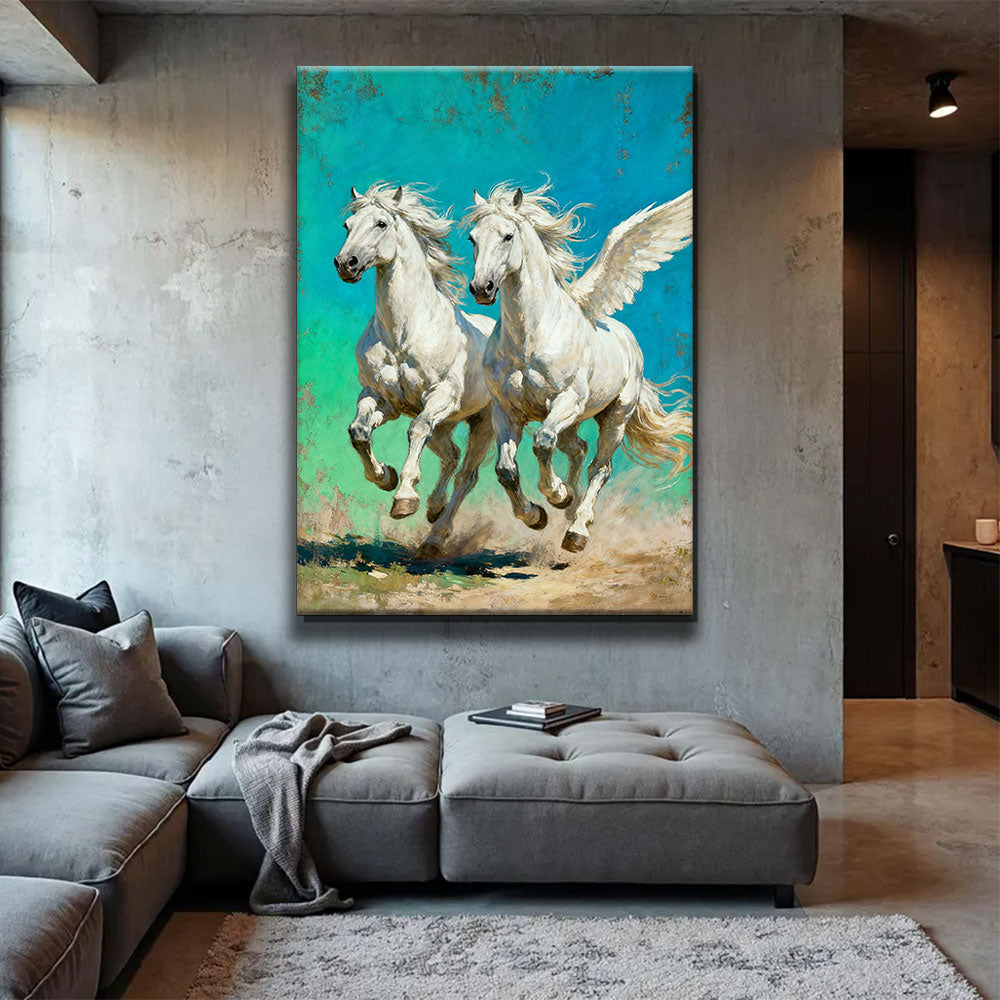 Turquoise Pegasus Pair horse wall art, displayed above a gray sofa.