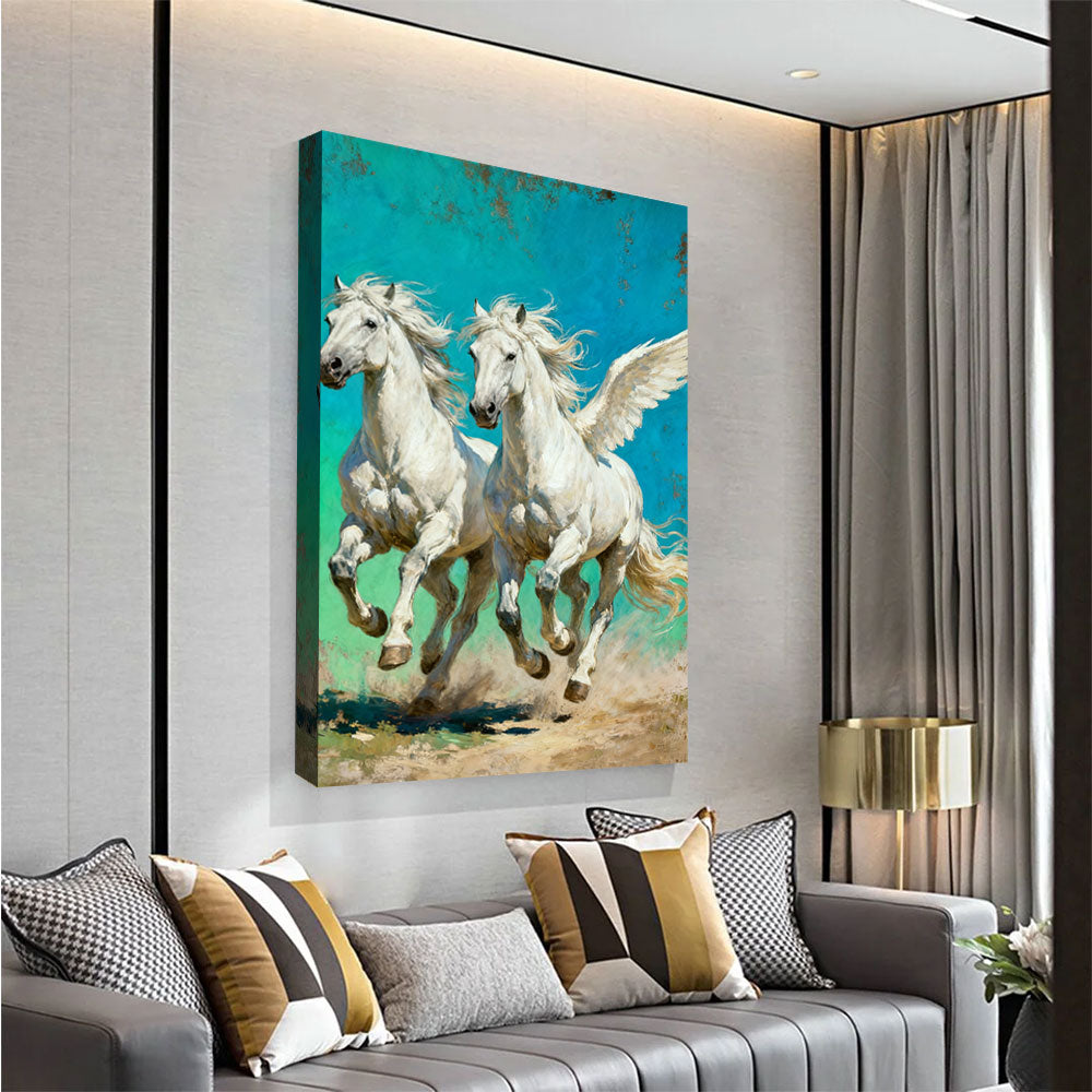 Turquoise Pegasus Pair horse wall art, angled view above a neutral sofa.