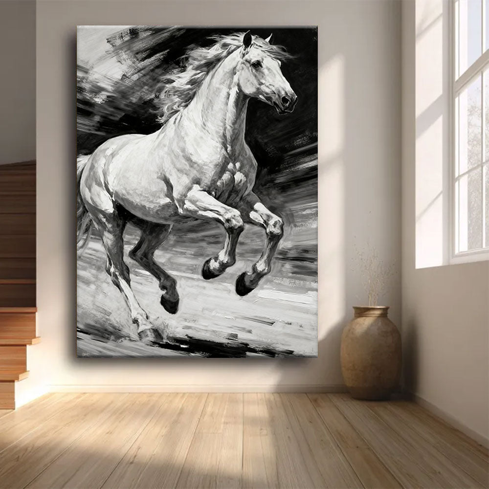 Silver Motion horse wall art, front view in a softly lit room.