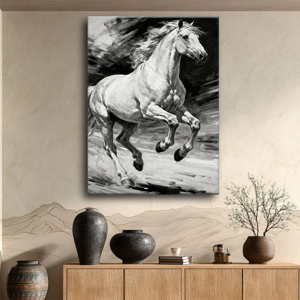 Silver Motion horse wall art, displayed above a wooden console.