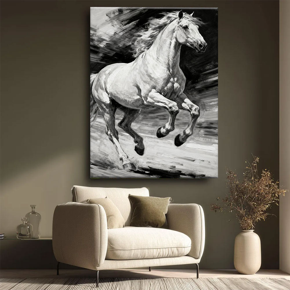Silver Motion horse wall art, styled beside a neutral armchair.
