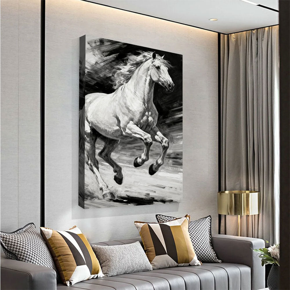 Silver Motion horse wall art, angled view above a neutral sofa.