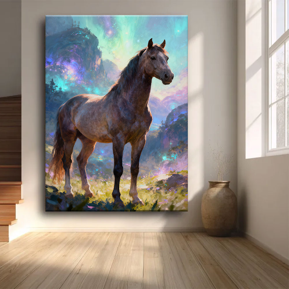 Aurora Meadow horse wall art, front view in a softly lit room.