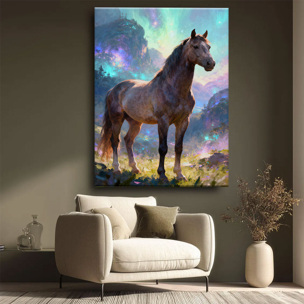 Aurora Meadow horse wall art, styled beside a neutral armchair.