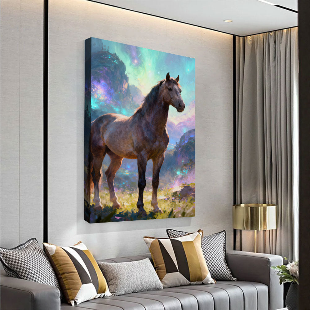 Aurora Meadow horse wall art, angled view above a neutral sofa.