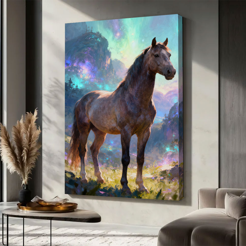 Aurora Meadow horse wall art, displayed in a neutral living space.