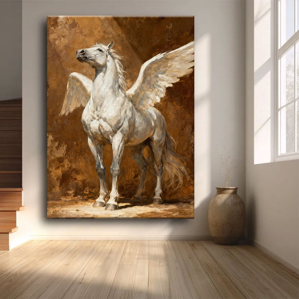 Golden Wings horse wall art, front view in a softly lit room.