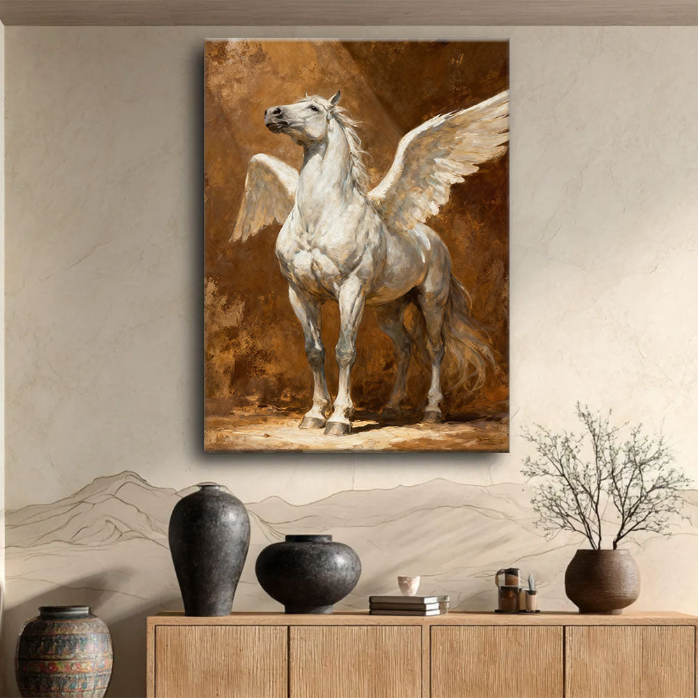 Golden Wings horse wall art, displayed above a wooden console.