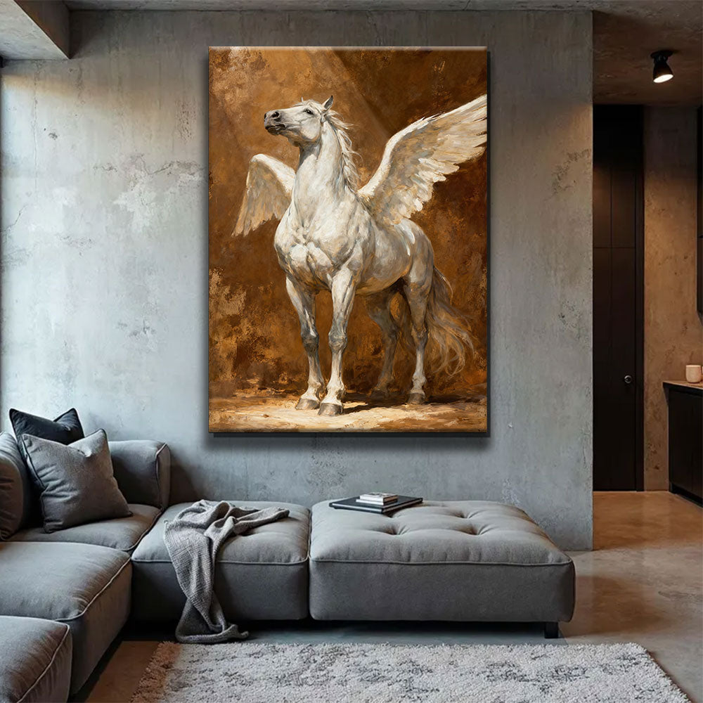 Golden Wings horse wall art, displayed above a gray sofa.