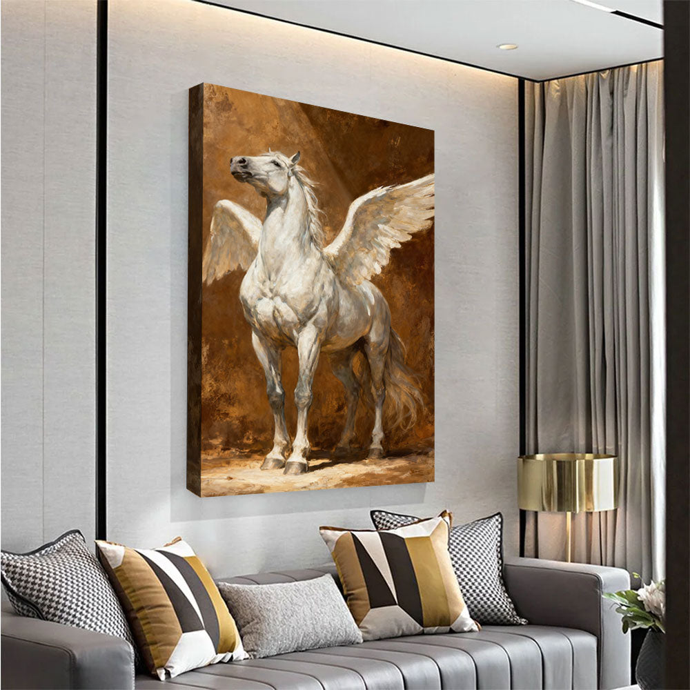 Golden Wings horse wall art, angled view above a neutral sofa.