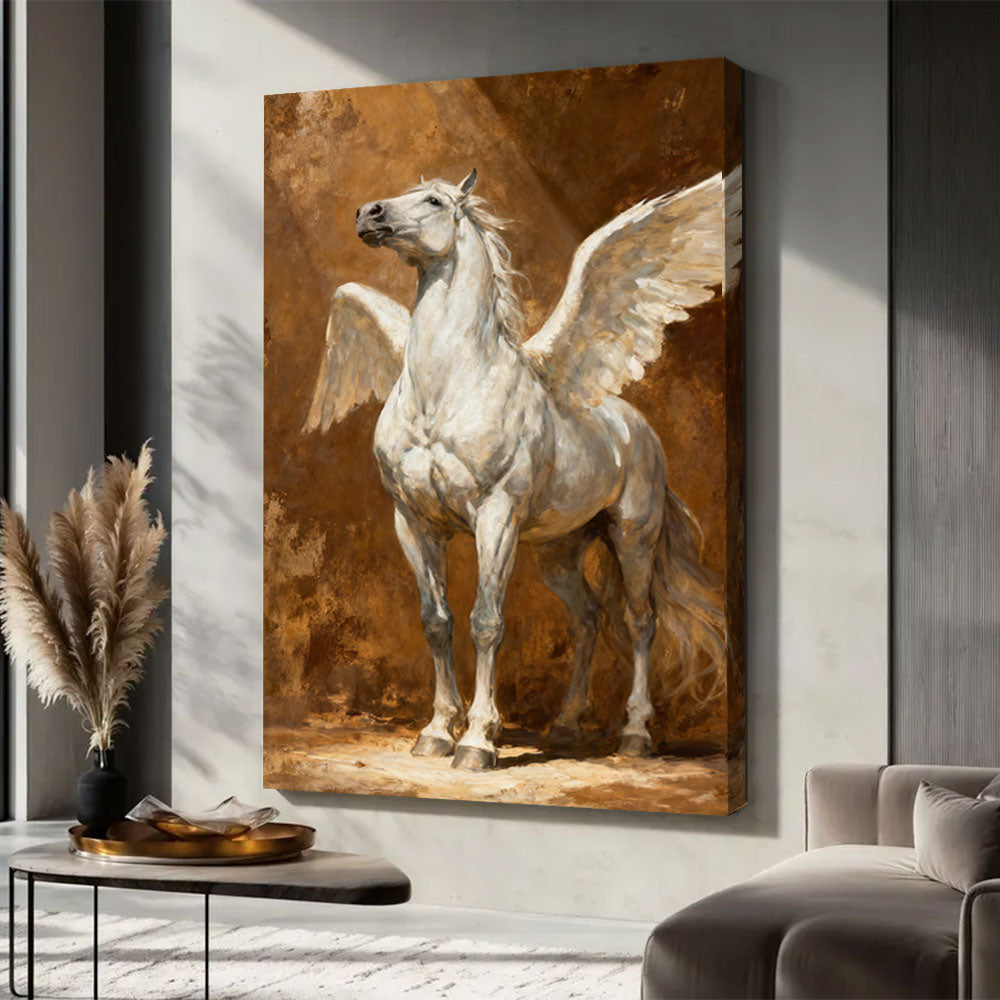 Golden Wings horse wall art, displayed in a neutral living space.