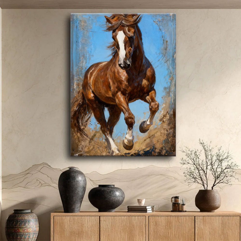 Western Whimsy horse wall art, displayed above a wooden console.