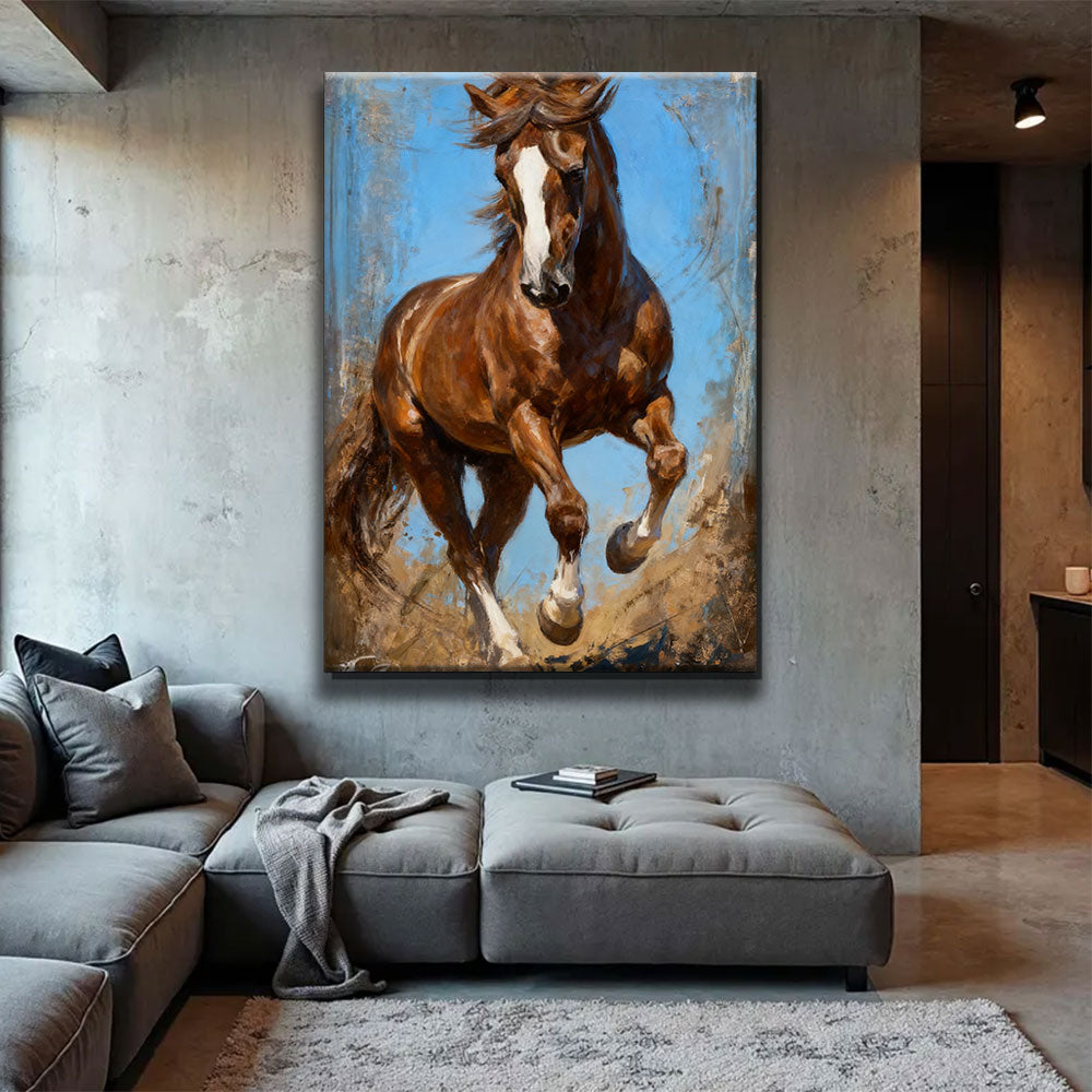 Western Whimsy horse wall art, displayed above a gray sofa.