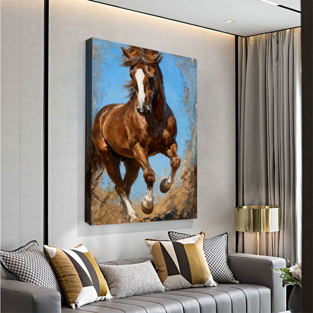 Western Whimsy horse wall art, angled view above a neutral sofa.