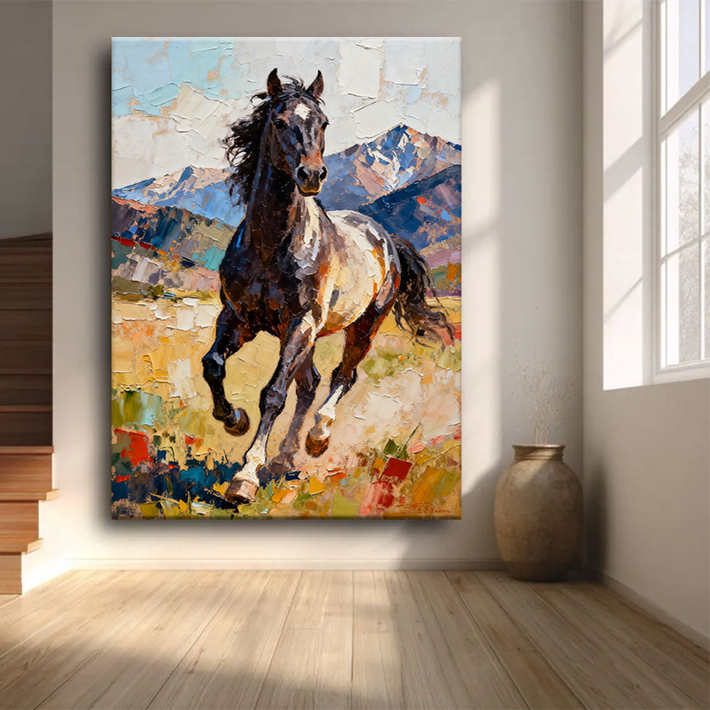 Mountain Runner horse wall art, front view in a softly lit room.