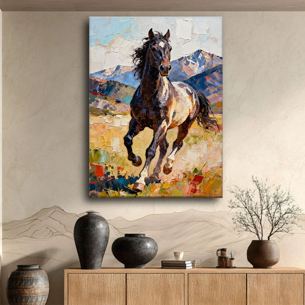 Mountain Runner horse wall art, displayed above a wooden console.