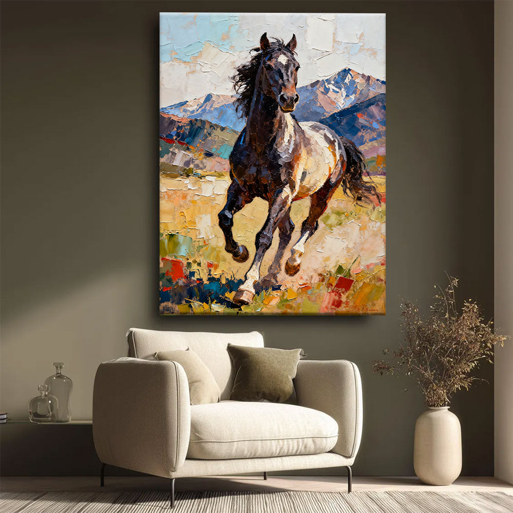 Mountain Runner horse wall art, styled beside a neutral armchair.