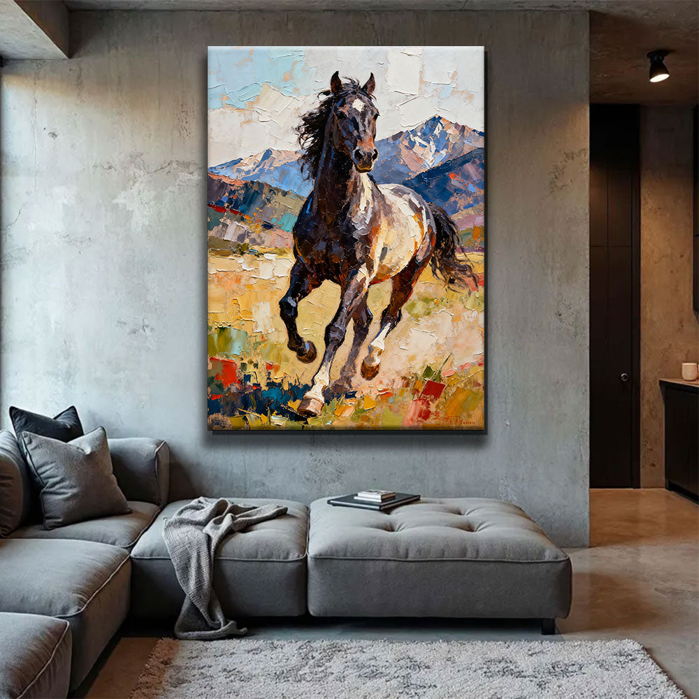 Mountain Runner horse wall art, displayed above a gray sofa.