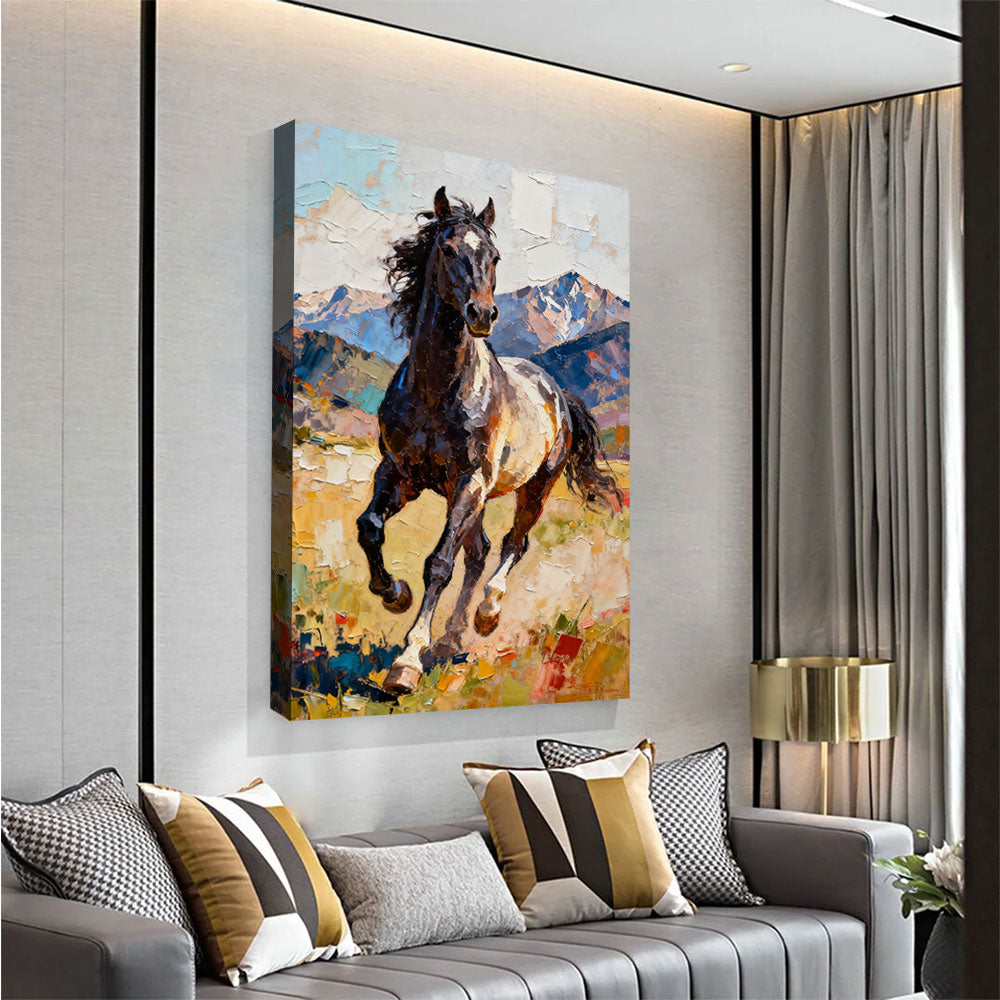 Mountain Runner horse wall art, angled view above a neutral sofa.