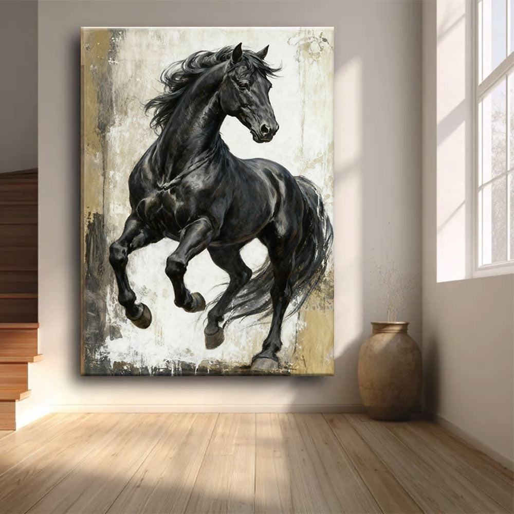 Charcoal Stride horse wall art, front view in a softly lit room.