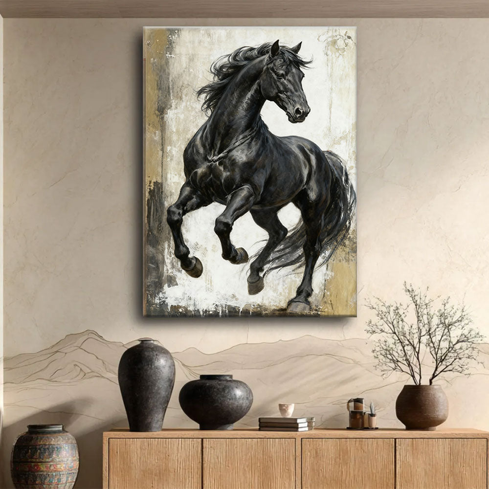 Charcoal Stride horse wall art, displayed above a wooden console.