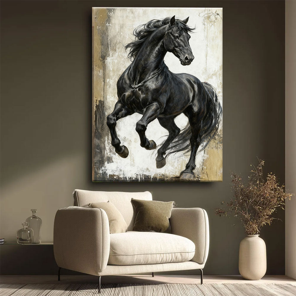 Charcoal Stride horse wall art, styled beside a neutral armchair.