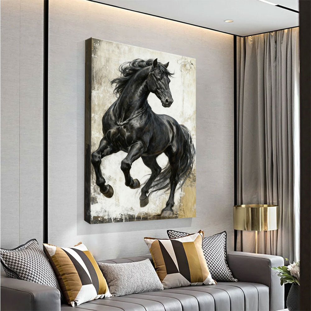 Charcoal Stride horse wall art, angled view above a neutral sofa.