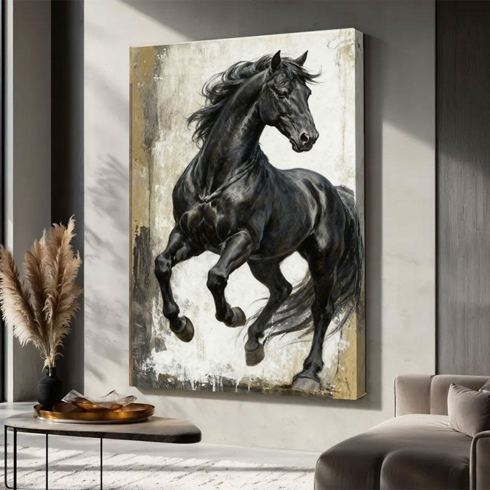 Charcoal Stride horse wall art, displayed in a neutral living space.