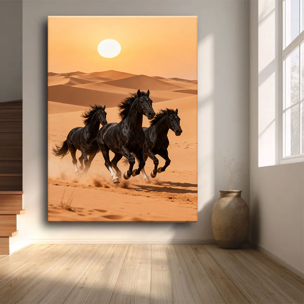 Herd Across the Dunes horse wall art, front view in a softly lit room.