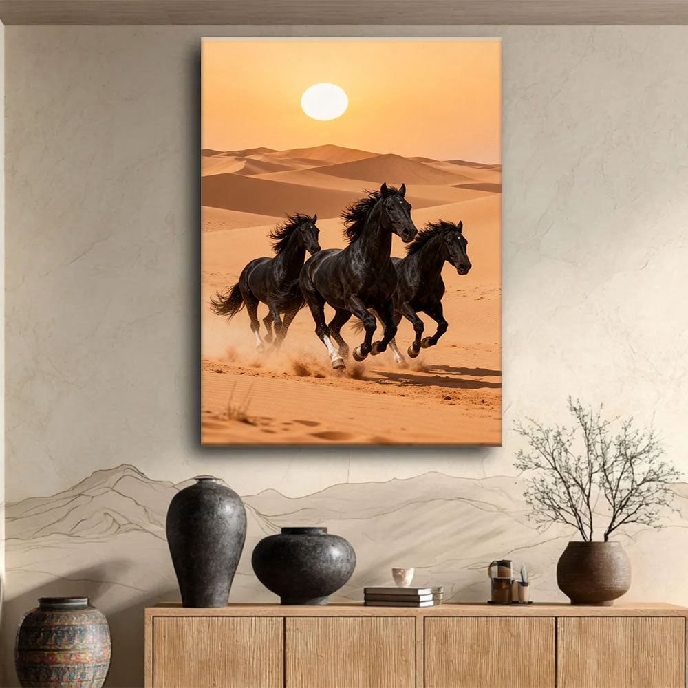 Herd Across the Dunes horse wall art, displayed above a wooden console.