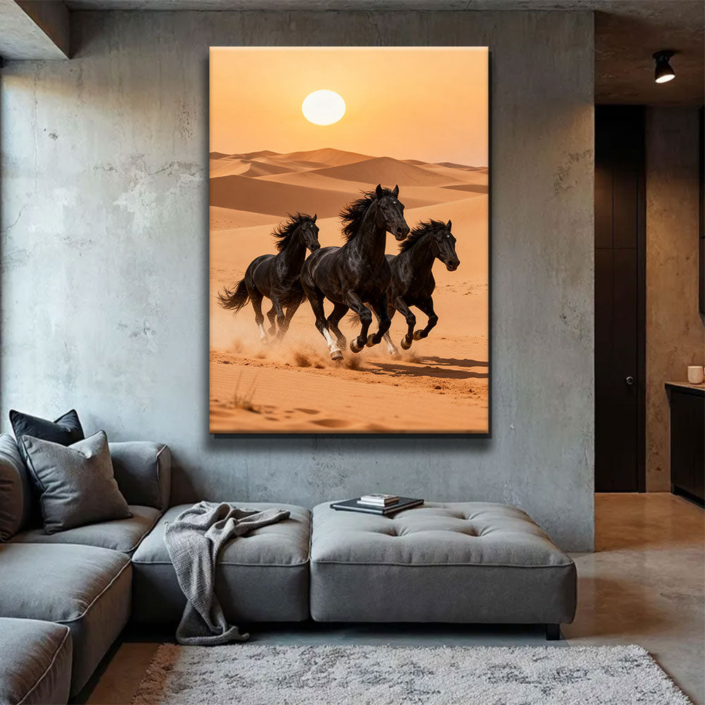 Herd Across the Dunes horse wall art, displayed above a gray sofa.