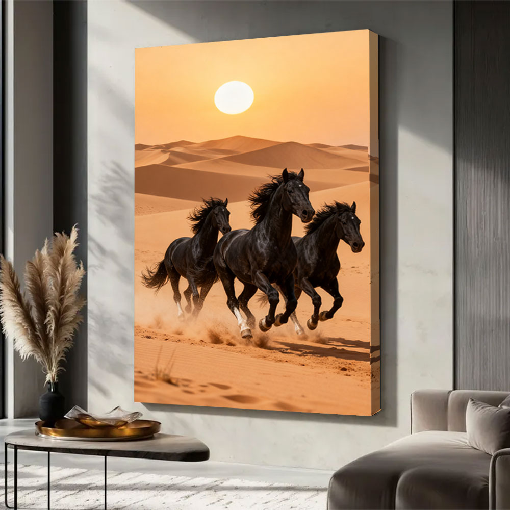 Herd Across the Dunes horse wall art, displayed in a neutral living space.