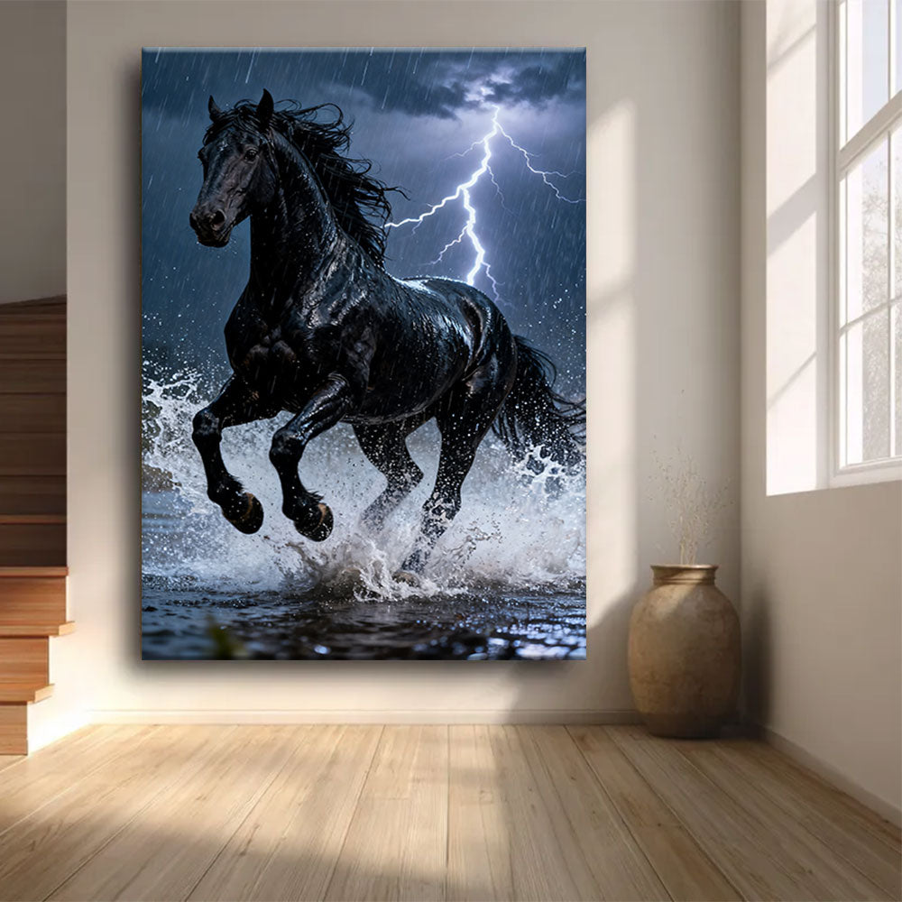 Thunderwater horse wall art, front view in a softly lit room.