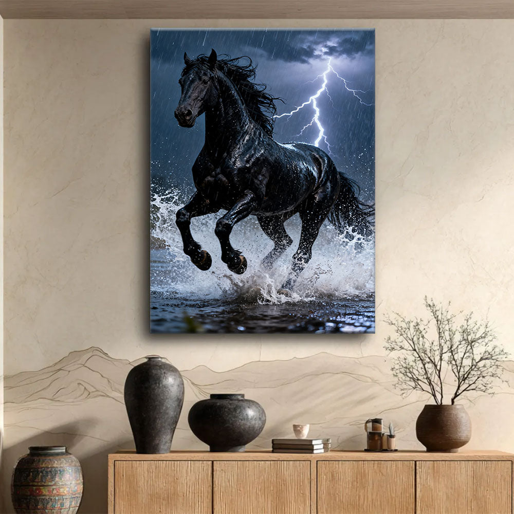 Thunderwater horse wall art, displayed above a wooden console.