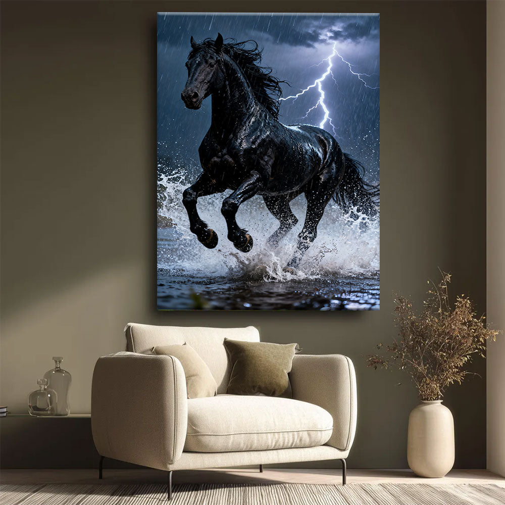 Thunderwater horse wall art, styled beside a neutral armchair.