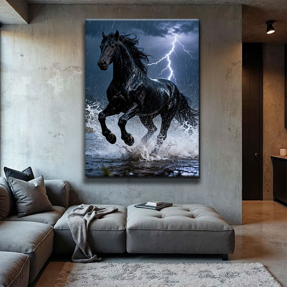 Thunderwater horse wall art, displayed above a gray sofa.