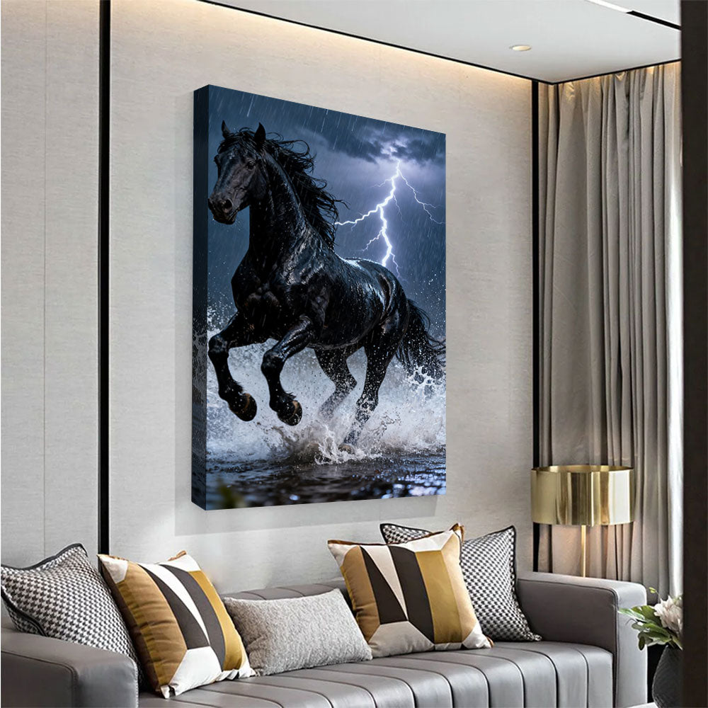 Thunderwater horse wall art, angled view above a neutral sofa.