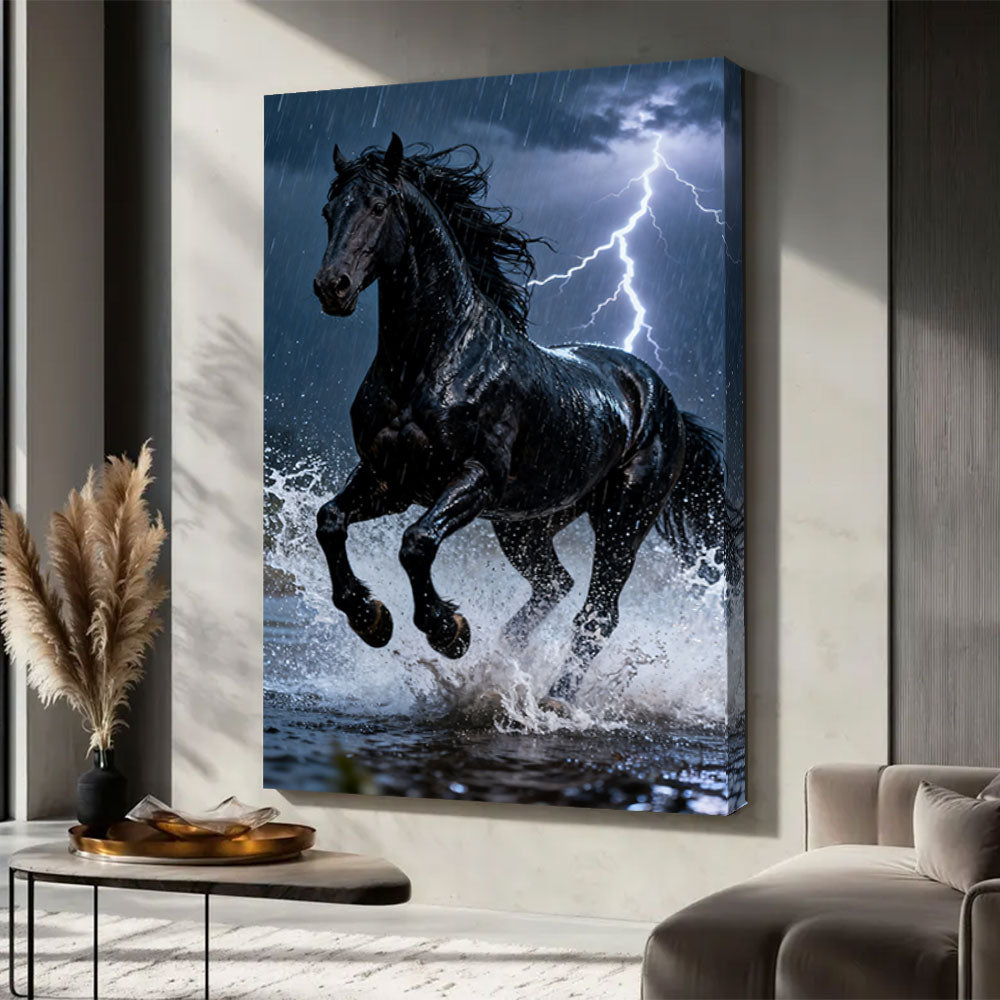 Thunderwater horse wall art, displayed in a neutral living space.