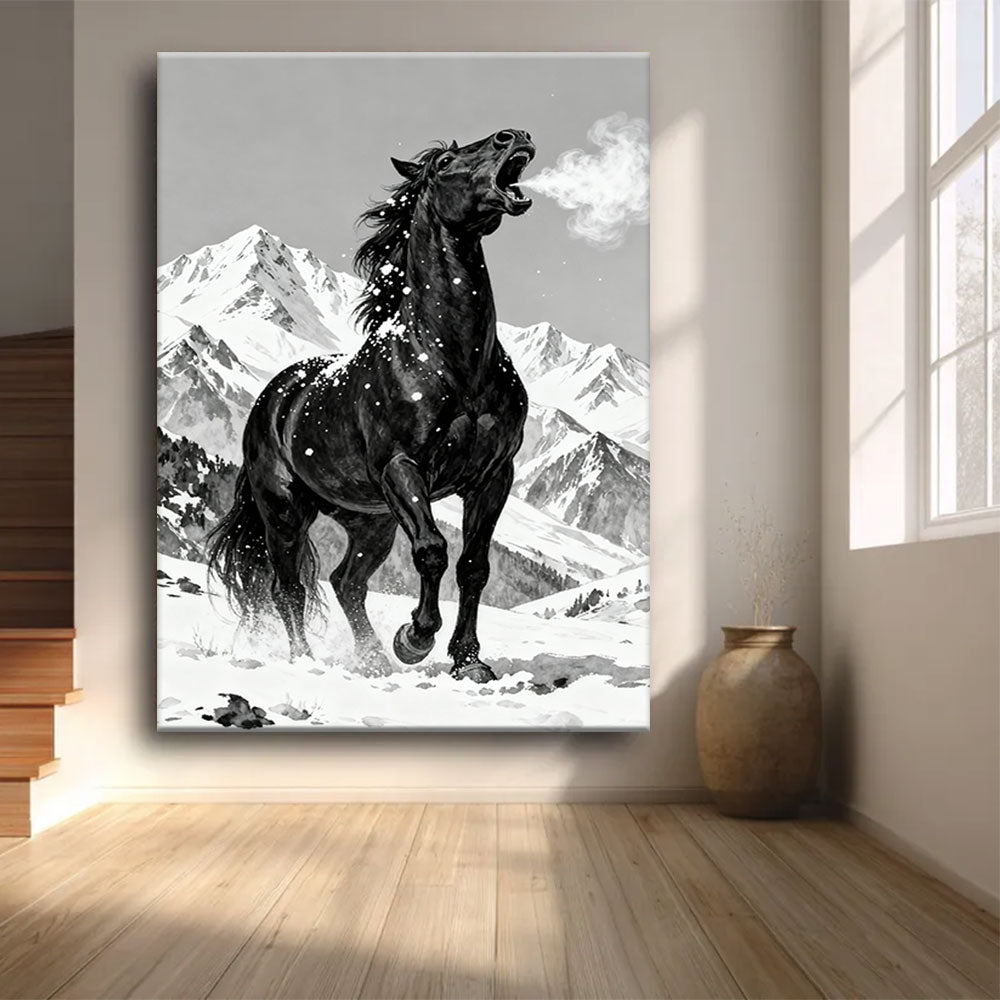 Alpine Black Horse horse wall art, front view in a softly lit room.