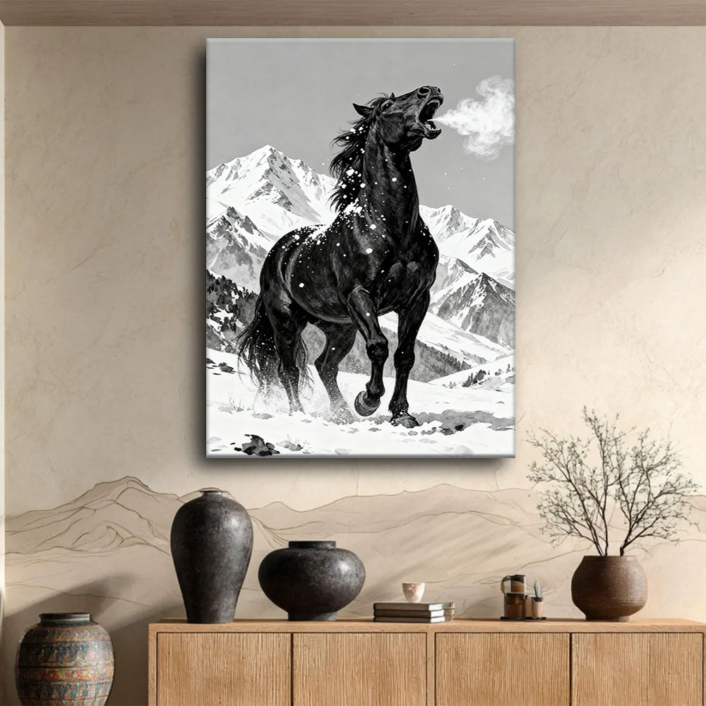 Alpine Black Horse horse wall art, displayed above a wooden console.