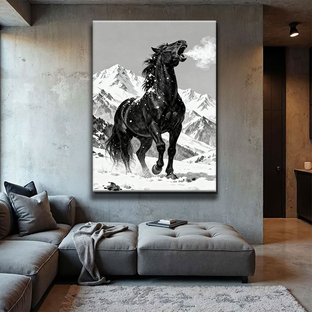 Alpine Black Horse horse wall art, displayed above a gray sofa.