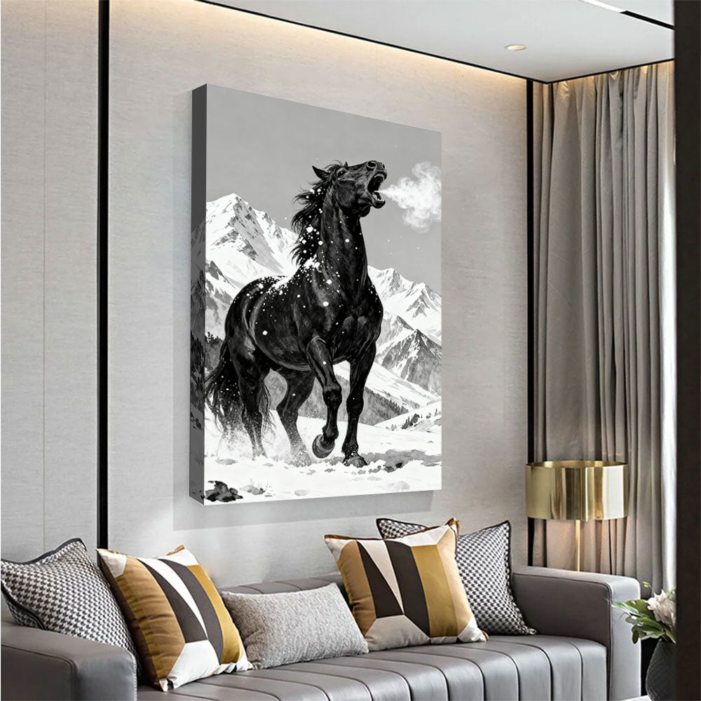 Alpine Black Horse horse wall art, angled view above a neutral sofa.