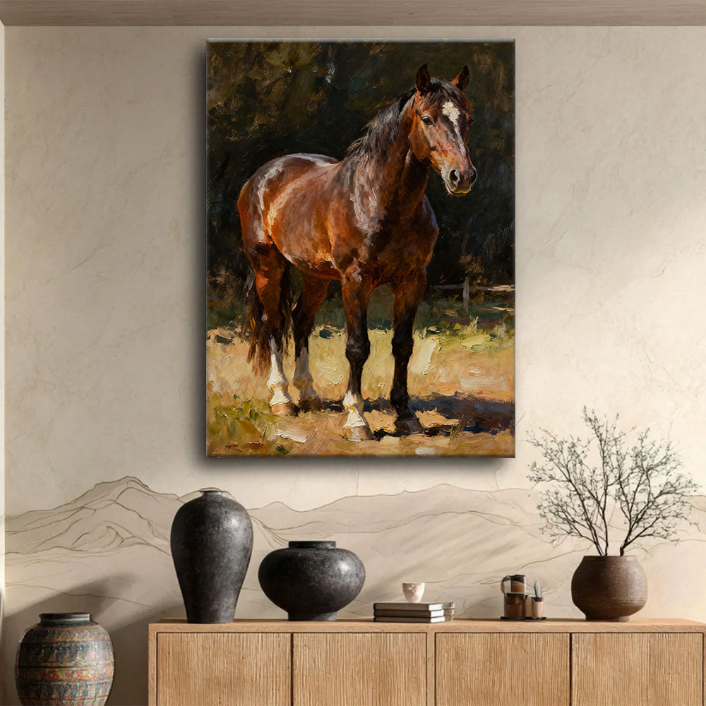 Woodland Chestnut horse wall art, displayed above a wooden console.