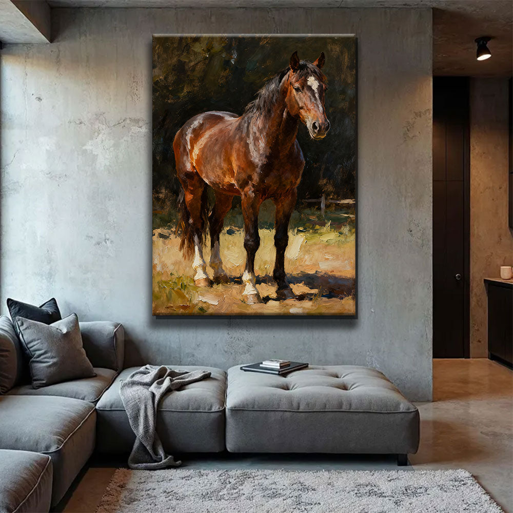 Woodland Chestnut horse wall art, displayed above a gray sofa.