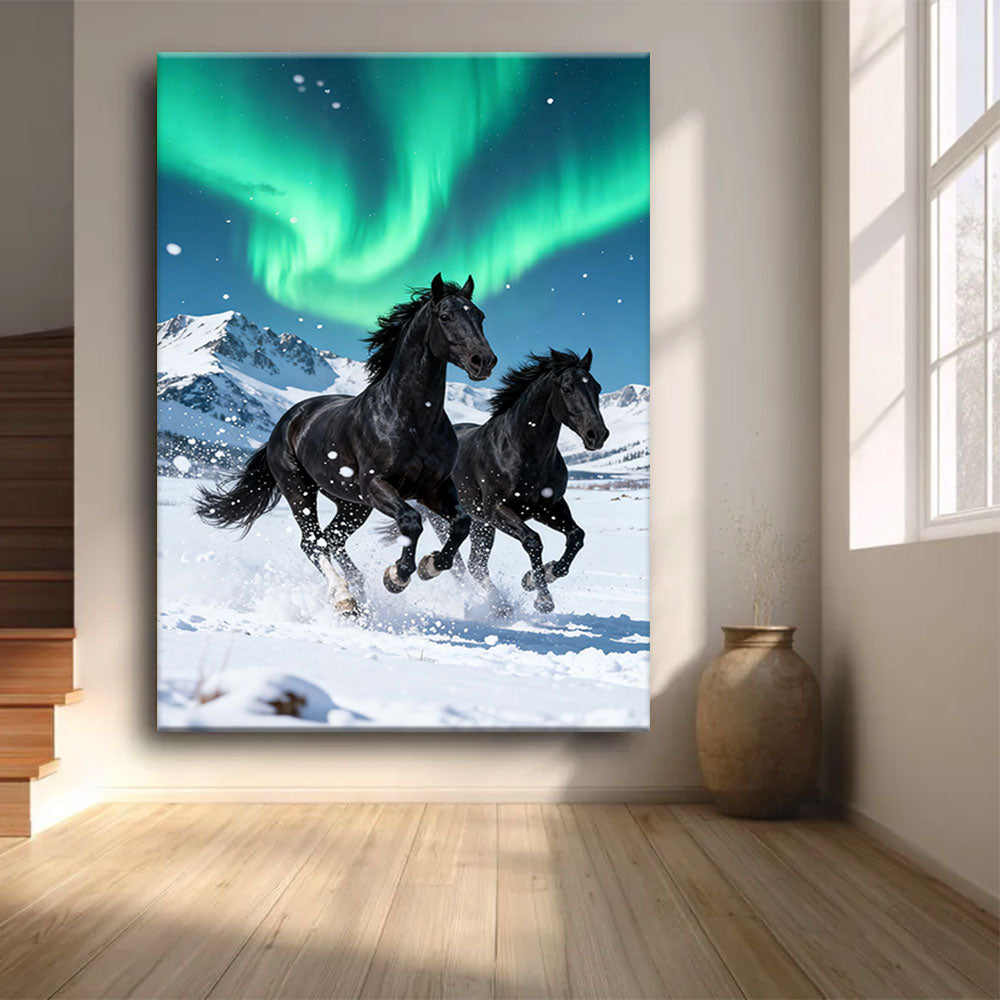 Under Northern Lights horse wall art, front view in a softly lit room.