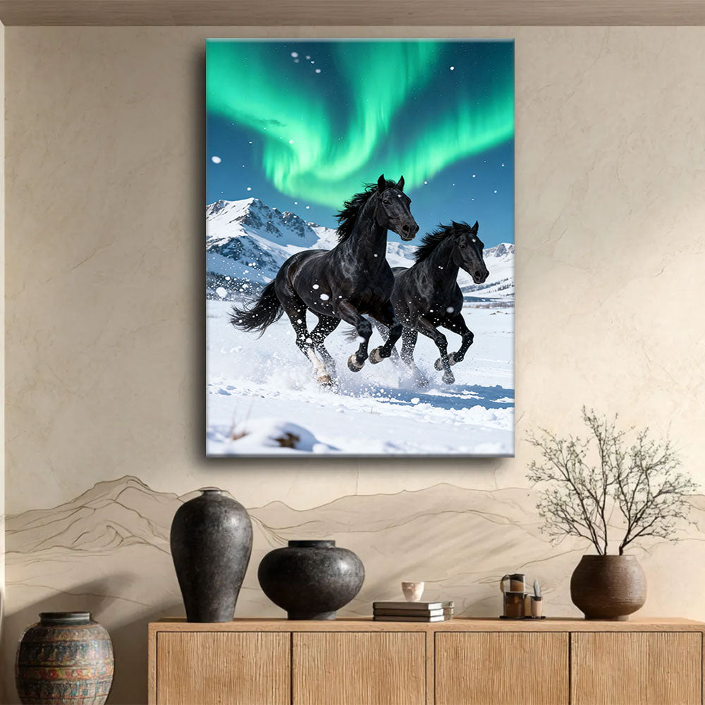 Under Northern Lights horse wall art, displayed above a wooden console.